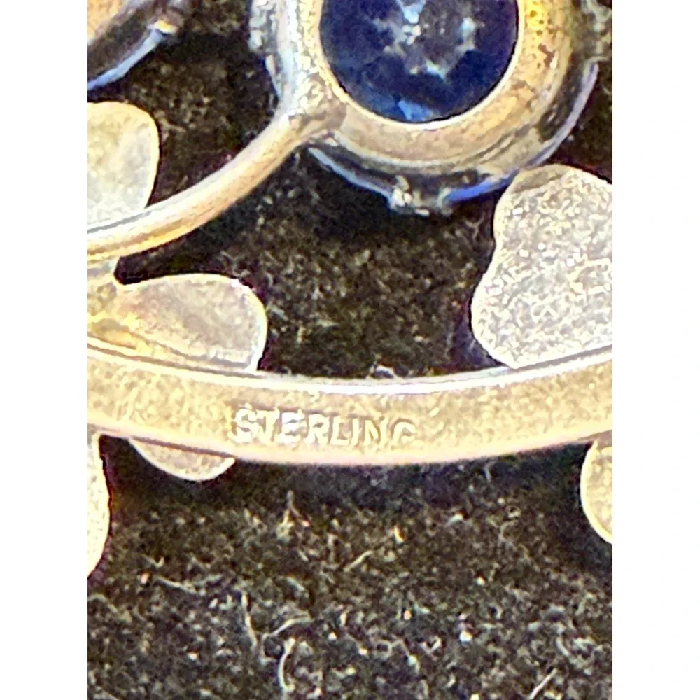 Vintage Sterling Silver Blue Rhinestone Floral Brooch Pin Mid Century Modern